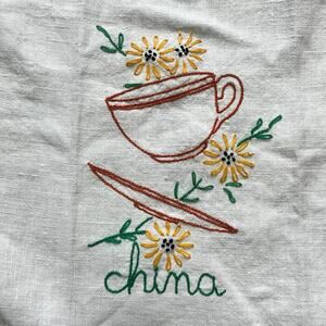 Vintage Embroidered Tea Towel China Teacup Flowers Striped Green Turquoise